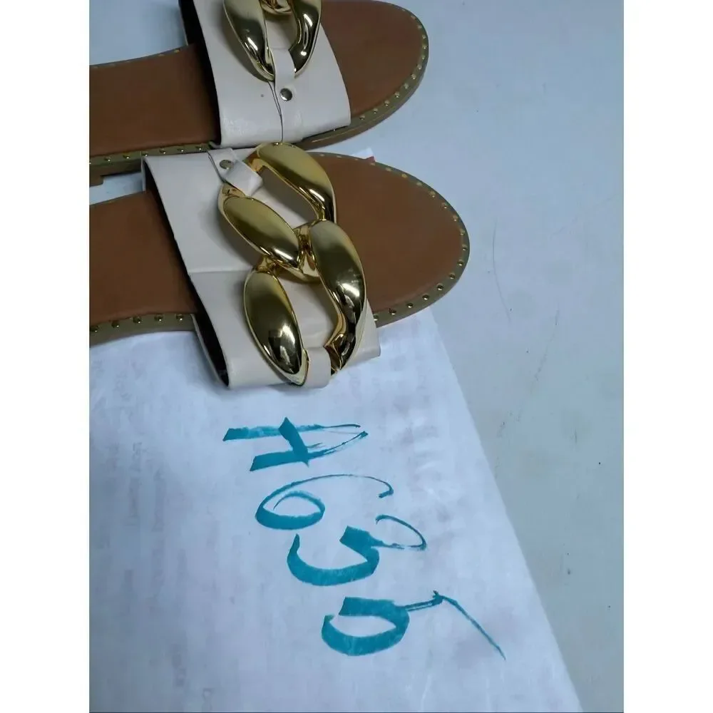 Women's Faux Leather Flat Slippers Metallic Plastic Chains Sandals Sz 38EU/8US